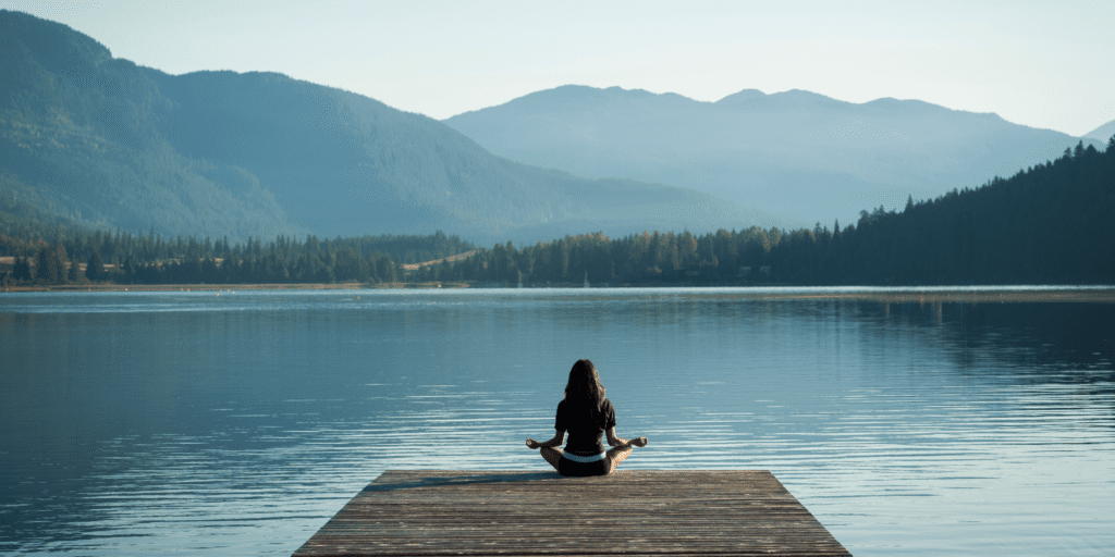 Women meditating on pier.
